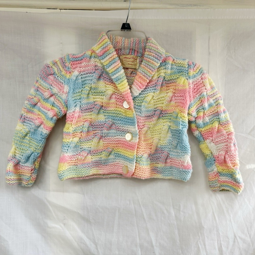 3T Girl's Hand Knit Cardigan Sweater Pastel Variegated Puffy‎ Texture Buttons